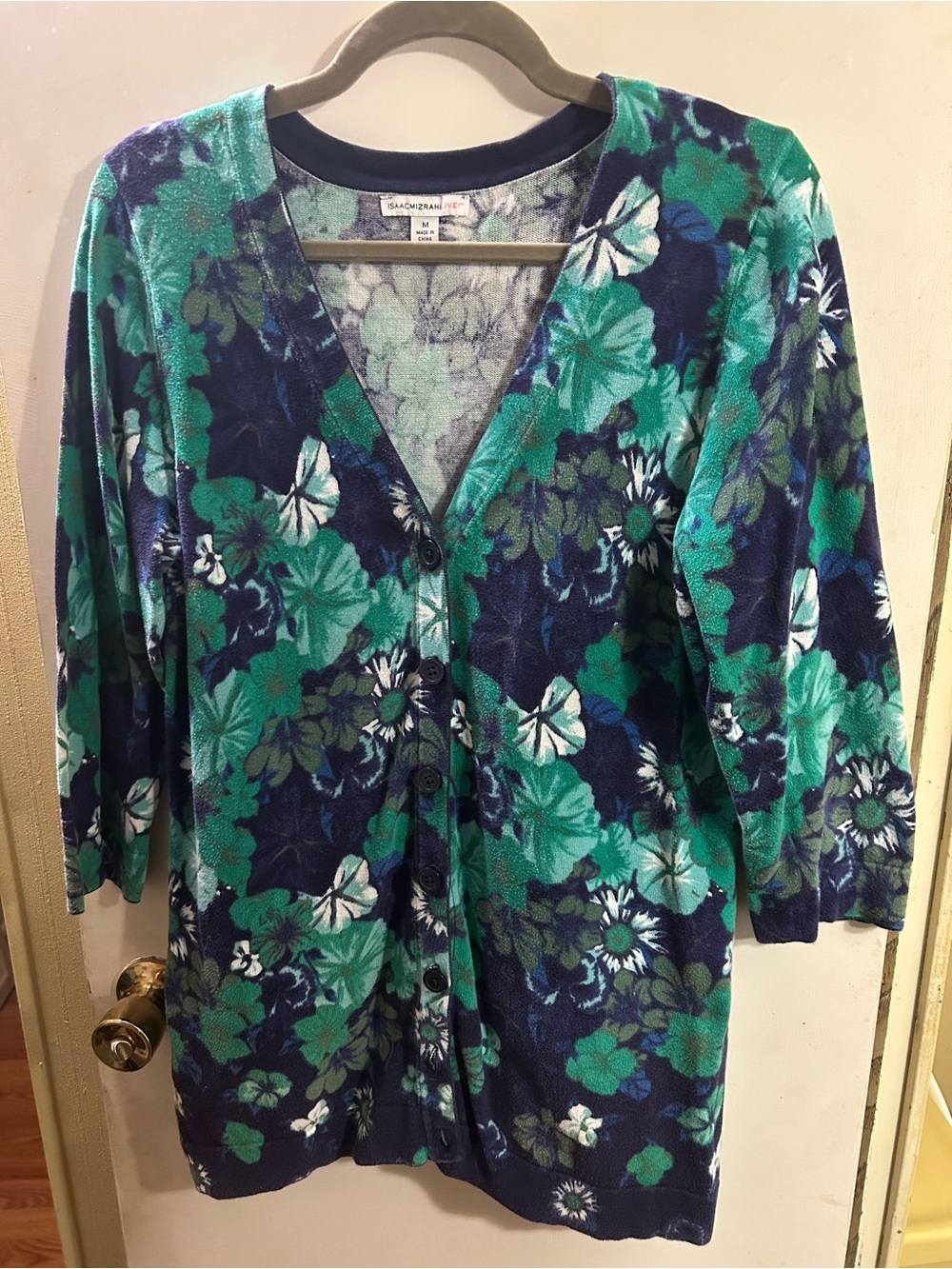 Isaac Mizrahi Live! Navy and Mint Floral Knit Sweater - M